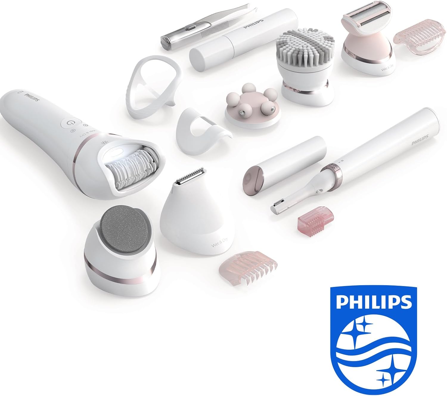 Philips Series 9000 - set beauté, Epilateur tout-en-un pour le corps, le visage et les pieds, appareil Wet & Dry sans fil pour épilation et soin de la peau, avec 12 accessoires, (modèle BRE740/90)