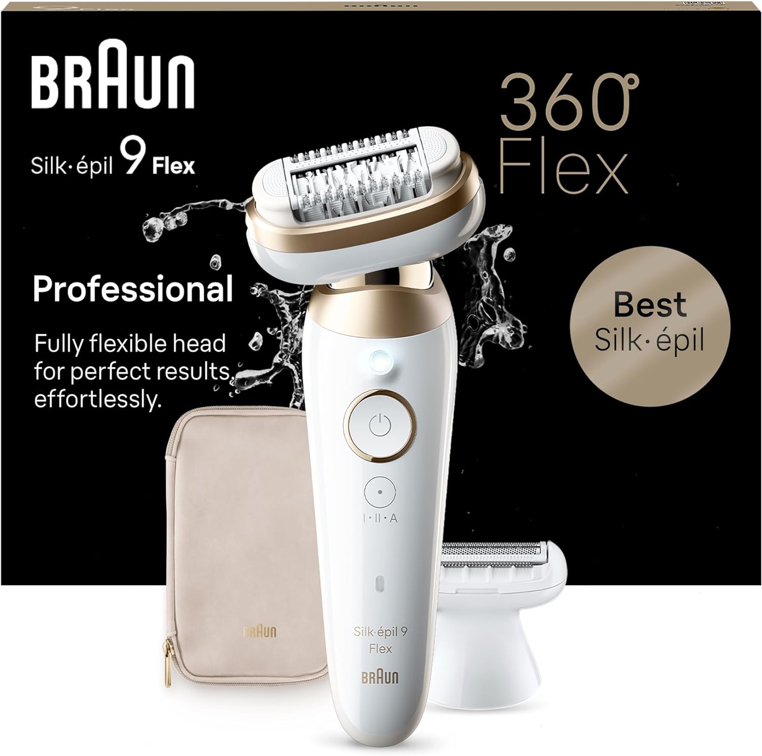 Braun Silk-épil 9 Flex, Épilateur Avec Tête Flexible À 360°, Pour Une Épilation Facile, Étanche, Peau Douce Longue Durée, Avec Tête De Rasoir Pour Femmes Et Sabot Tondeuse, 9-041 3D, Blanc/Doré