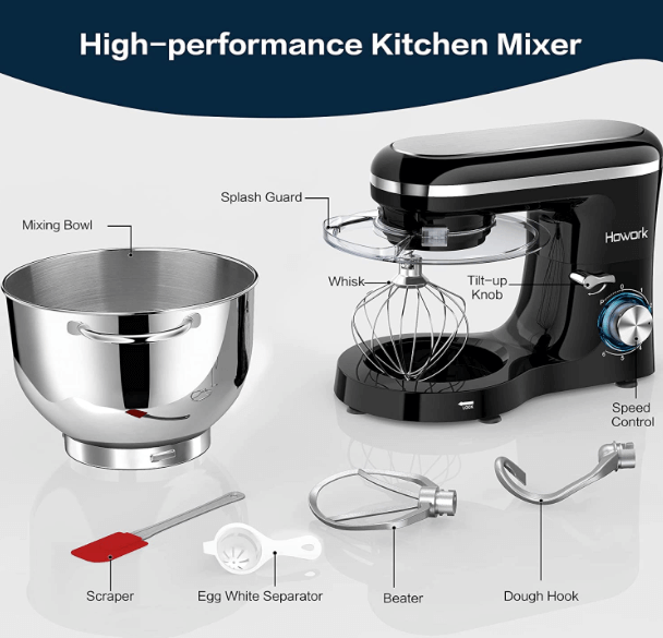 Robot Pâtissier 1500W, 6 Vitesses Robot pétrin multifonction avec Bol 6.2L